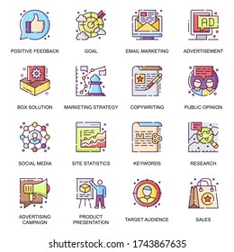 Marketing strategy flat icons set. Target audience, public opinion, positive feedback, site statistics, copywriting and research line pictograms for mobile app. Advertising campaign vector icon pack.
