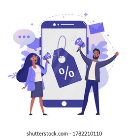 Marketing Strategy flat illustration. Online Discount and Loyalty Program color design. Mobile Phone with Discount Price Tag and People vector colorful metaphor, isolated on white background.