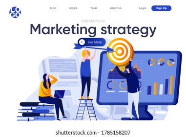 Marketing Strategy Flat Landing Page. Marketing Team Doing Target Audience Research Vector Illustration. Data Analysis And Finding Potential Customers Web Page Composition With People Characters.