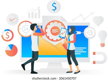 Marketing strategy flat style illustration with email and data analysis