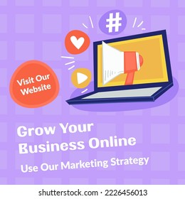 Marketing strategy, grow your business online visit our website and improve your company. Laptop with megaphone and hashtags likes and play buttons. Ads campaign. for web Vector in flat style