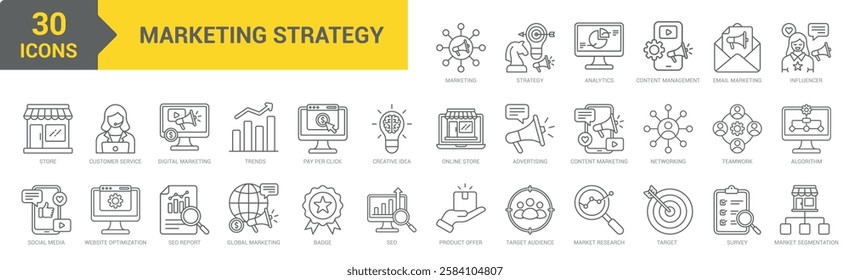 Marketing Strategy icon collection set. Containing marketing, strategy, analytics, networking, advertising, market, trends, research, SEO, report, social media, influencer icon. Simple line vector