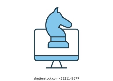 marketing strategy icon. Monitor screen with chess horse. icon related to strategy, digital marketing. Flat line icon style design. Simple vector design editable