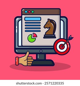 Marketing strategy icon. SEO management concept on lineal color style. Planning, goals, tactics isolated on premium design. Flat cartoon vector illustration.