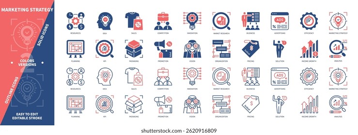 Marketing Strategy icon set. Idea, Packaging, Pricing, Promotion, Vision, Key Performance Indicators, Analysis, Sales. Duotone color solid and editable outline icons