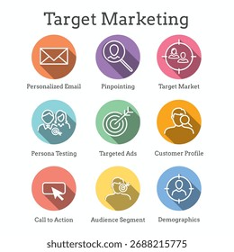 Marketing Strategy Icon Set - SEO, mobile optimization, brainstorming, social media, data analytics, etc