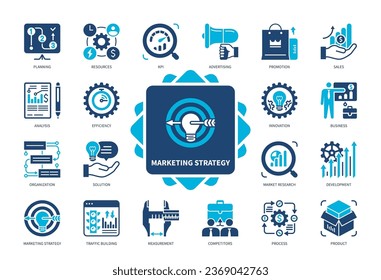 Marketing Strategy icon set. Social Media, Product, Traffic Building, Promotion, Competitors, Key Performance Indicators, Analysis, Sales. Duotone color solid icons