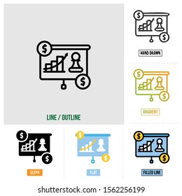  marketing strategy icon in six different styles, based on outline style, seo icon set, vector