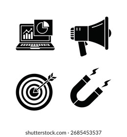 Iconos de estrategia de marketing: análisis de datos, promoción, objetivo y atracción.