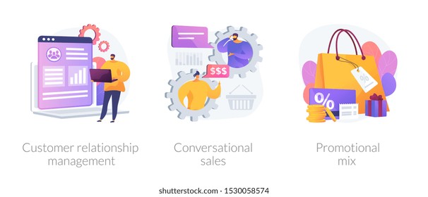 Marketing strategy icons set. Shop gifts and bonuses. Customer relationship management, conversational sales, promotional mix metaphors. Vector isolated concept metaphor illustrations