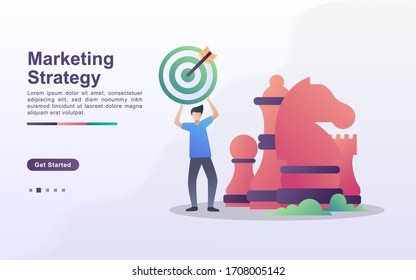 Marketing Strategy illustration concept with tiny people. People are targeting and developing business strategies.