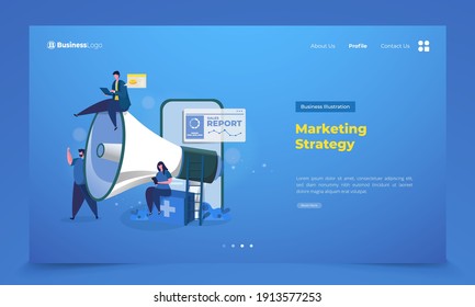 Marketing Strategy Illustration, People With Social Media Marketing On Landing Page Concept