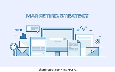 Marketing Strategy, Inbound marketing, Digital, Internet advertising campaign flat line vector banner with icons and elements