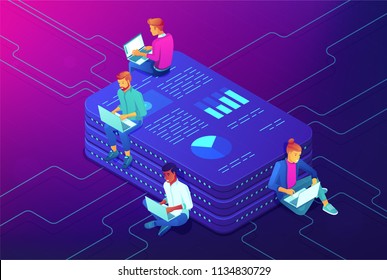 Marketing strategy isometric concept. Long-term planning, goal achieving, strategic management, market share analysis, digital analysts teamwork on ultraviolet background. Vector 3d illustration.