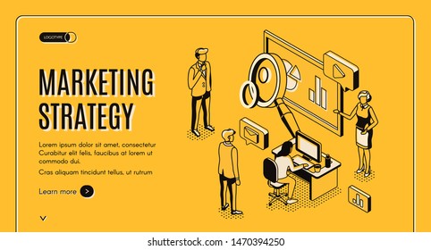 Marketing strategy isometric landing page, financial analytic company working process in office, business people planning, analyzing statistics data, doing presentation 3d vector, line art, web banner