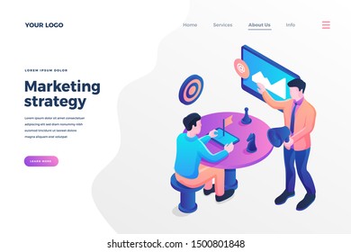 Marketing strategy isometric landing page template. Colleagues, partners, top managers discussing business development cartoon characters. Company growth planning website page design layout