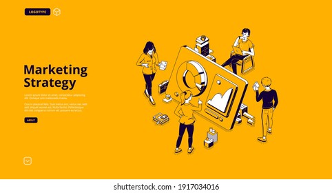 Marketing strategy isometric landing page. Tiny business people around huge digital device with data graphs and charts. Online trading, investment, automation technology, 3d vector line art web banner