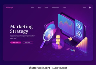 Marketing strategy isometric landing page. Business concept with computer desktop and smartphone with data analysis finance graphs, magnifying glass, coins and target with arrow, 3d vector web banner