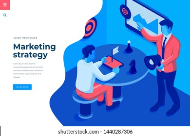 Marketing strategy isometric vector illustration for landing page header template or web banner with copy space for text. Businessmans characters interact with chess and megaphone.