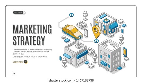 Marketing strategy isometric web banner. Car reach destination gps mark among buildings on map. Financial analytic company business planning, analyzing statistics, vector, landing page, line art style