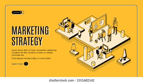 Marketing Strategy Isometric Web Banner, Financial Analytic Company, Agency Working Process In Office, Business People Planning, Analyzing Data, Doing Presentation, 3d Vector Landing Page, Line Art