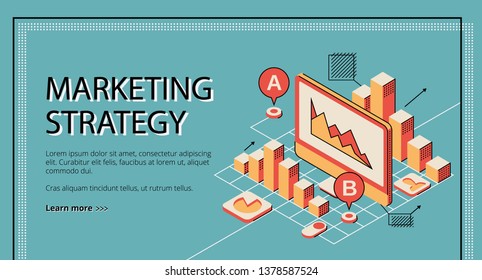 Marketing strategy landing page on retro colored background. Tablet screen with database diagram graph and column chart. Busines analytics data, audit. Isometric vector illustration, line art, banner.