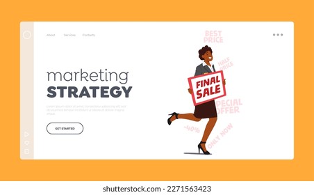 Marketing Strategy Landing Page Template. Forceful Promoter Female Character Run with Banner in hands Aggressively Promoting Final Sale To Customers Make A Purchase. Cartoon People Vector Illustration