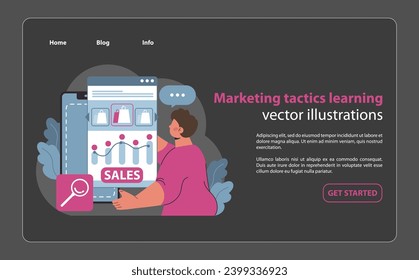 Marketing strategy learning concept. Professional enriching skills in sales tactics and market analysis. Educational insights into consumer trends and business growth. Flat vector illustration.