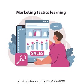Marketing strategy learning concept. Professional enriching skills in sales tactics and market analysis. Educational insights into consumer trends and business growth. Flat vector illustration.