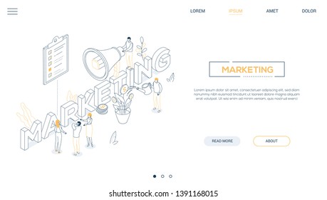 Marketing strategy - line design style isometric web banner on white background with copy space for text. Header with a team, male, female colleagues with megaphone, money tree. Business growth theme