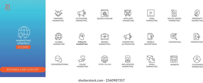 Marketing Strategy Line Icon Set is a sleek collection of vector icons representing essential marketing concepts.