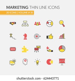 Marketing Strategy Linear Thin Line Vector Icons Set with Megaphone and Advertisement Elements