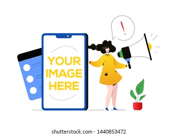 Marketing strategy - modern flat design style illustration on white background. A composition with a young female employee holding a megaphone, exclamation mark. A smartphone with place for your image