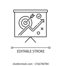 Icono lineal perfecto del píxel de estrategia de marketing. Presentación del proyecto. Objetivo para el crecimiento. Ilustración personalizable de línea delgada. Símbolo de contorno. Dibujo de contorno aislado del vector. Trazo editable