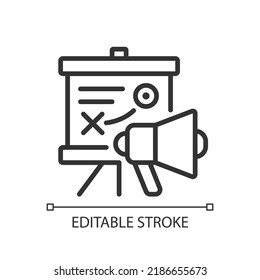 Marketing strategy pixel perfect linear icon. Strategic planning. Analyzing goals. Market assessment. Thin line illustration. Contour symbol. Vector outline drawing. Editable stroke. Arial font used