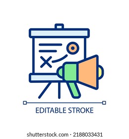 Marketing strategy pixel perfect RGB color icon. Strategic planning. Analyzing goals. Market assessment. Isolated vector illustration. Simple filled line drawing. Editable stroke. Arial font used