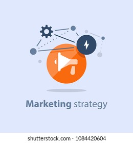 Marketing strategy plan, megaphone icon, attention announcement, public relations concept, advertising campaign, social media viral commercial, business promotion, customer attraction, vector icon