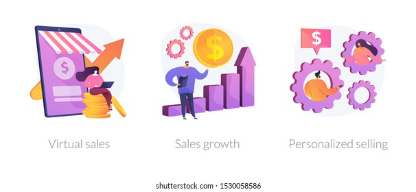 Marketing strategy planning web icons cartoon set. Commerce income analysis. Virtual sales, sales growth, personalized selling metaphors. Vector isolated concept metaphor illustrations