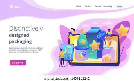 Marketing strategy, promo campaign, designer creating content. Packaging design, distinctively designed packaging, catch the customer eye concept. Website homepage landing web page template.