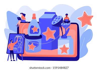 Marketing strategy, promo campaign, designer creating content. Packaging design, distinctively designed packaging, catch the customer eye concept. Pink coral blue vector isolated illustration