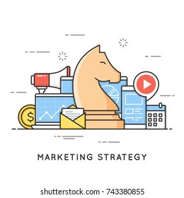 Marketing strategy, promotion campaign, advertising, planning.  Flat line art style concept. Vector banner, icon, illustration. Editable stroke.