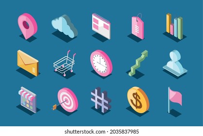 marketing strategy, report market, isometric set