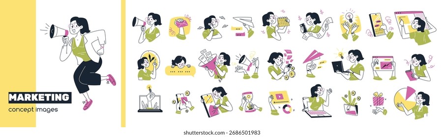 Escenas de estrategia de marketing. Análisis de datos de contenido digital, gerente corporativo de negocios con megáfono línea de diseño de presentación de eventos de redes sociales conjunto de iconos Ilustración vectorial con clase Obra de arte original