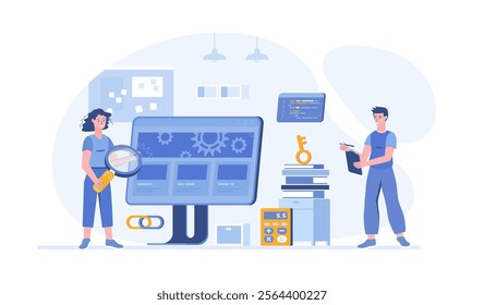 Marketing strategy, SEO assessment and analyzing for website. Site audit. Vector illustration with characters in flat design for web banner.	
