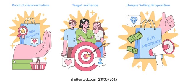 Marketing Strategy set. Showcasing product demo, pinpointing target audience, and highlighting unique selling proposition. Flat vector illustration.