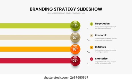 Marketing Strategy Slide Design Vector Illustration. Educational Introduction 4 Option Chart Slideshow Layout. Visual Proposal Four Step Infographic Presentation Template.