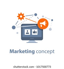 Marketing strategy, social media viral advertising, public relations, referral program, megaphone flat icon, vector illustration