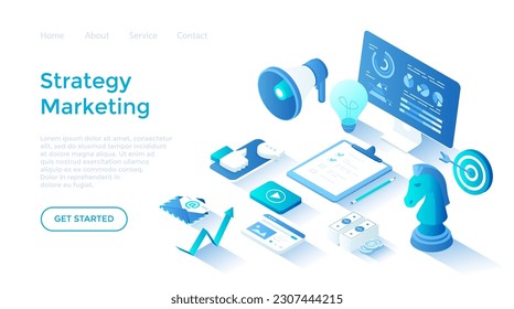 Marketing Strategy. Start up, achieving company goals, business success. Business planning, organization, analytics. Isometric illustration. Landing page template for web on white background.