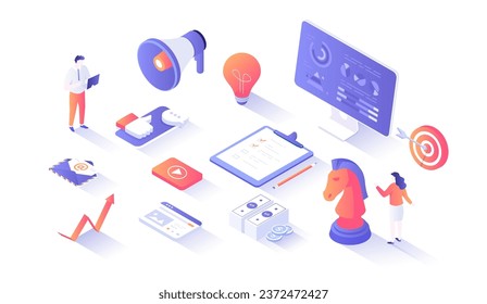 Marketing Strategy. Start up, achieving company goals, business success. Business planning, organization, analytics. Isometry illustration with people scene for web graphic.	