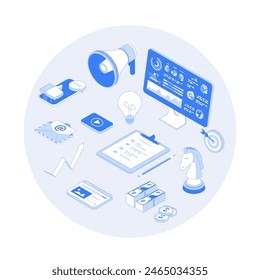Marketing Strategy. Start up, achieving company goals, business success. Business planning, organization, analytics. Vector outline illustration with isometry scene for web graphic	